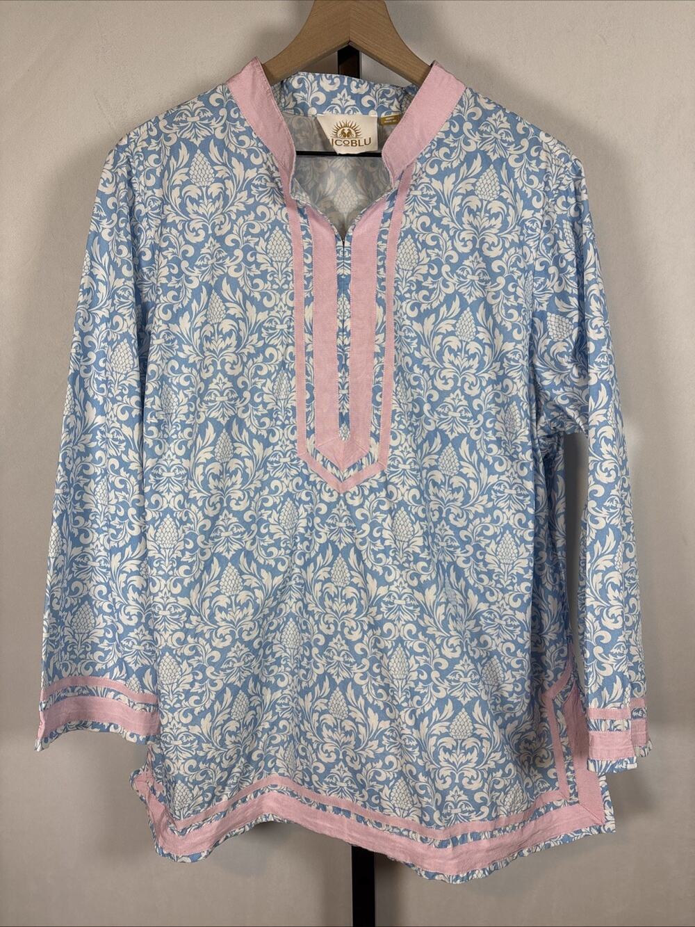 NicoBlu Capri Tunic Top Women's 1X Blue Baroque Pineapple Cotton Beach Coastal